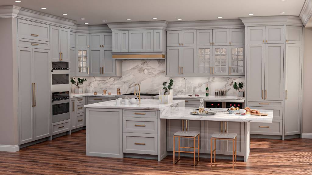 Gray kitchen cabinets and golden trim in custom kitchen - kitchen renovation companies toronto