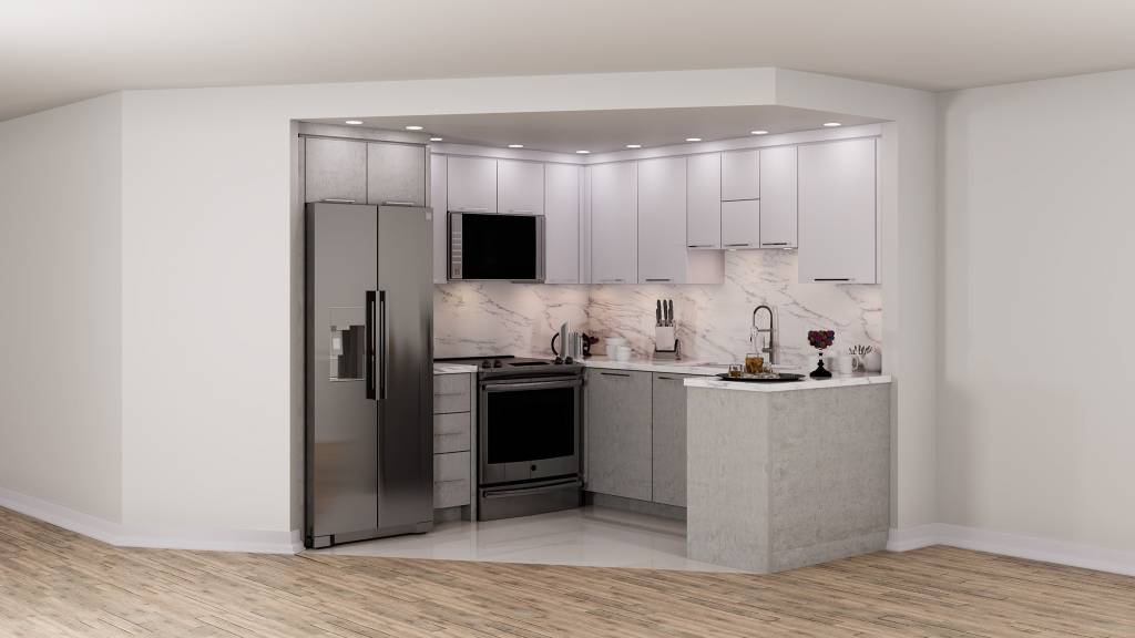 small basement kitchen with build in appliances - custom kitchen renovations