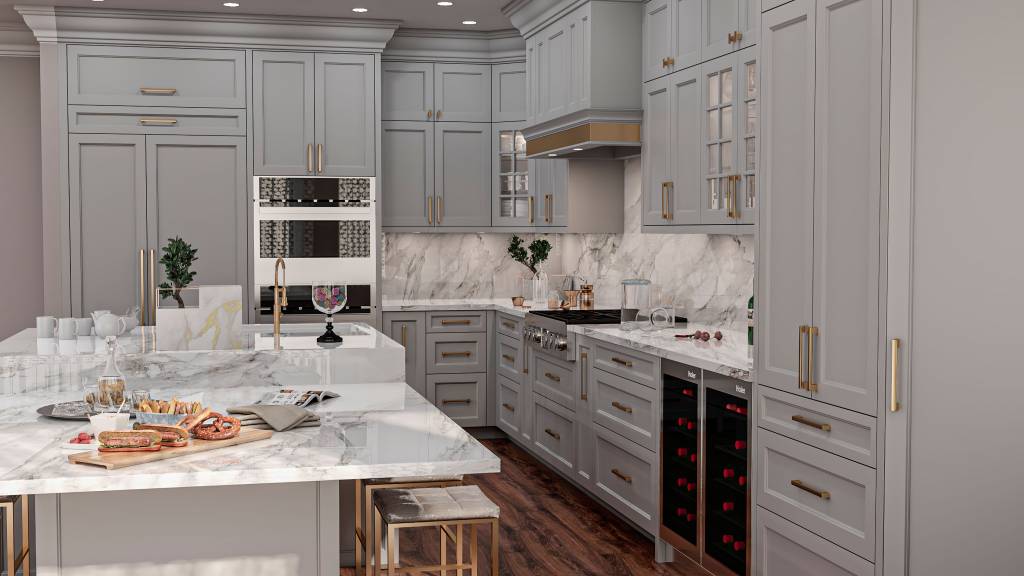 custom kitchen with white cabinets and golden trim - kitchen cabinets toronto