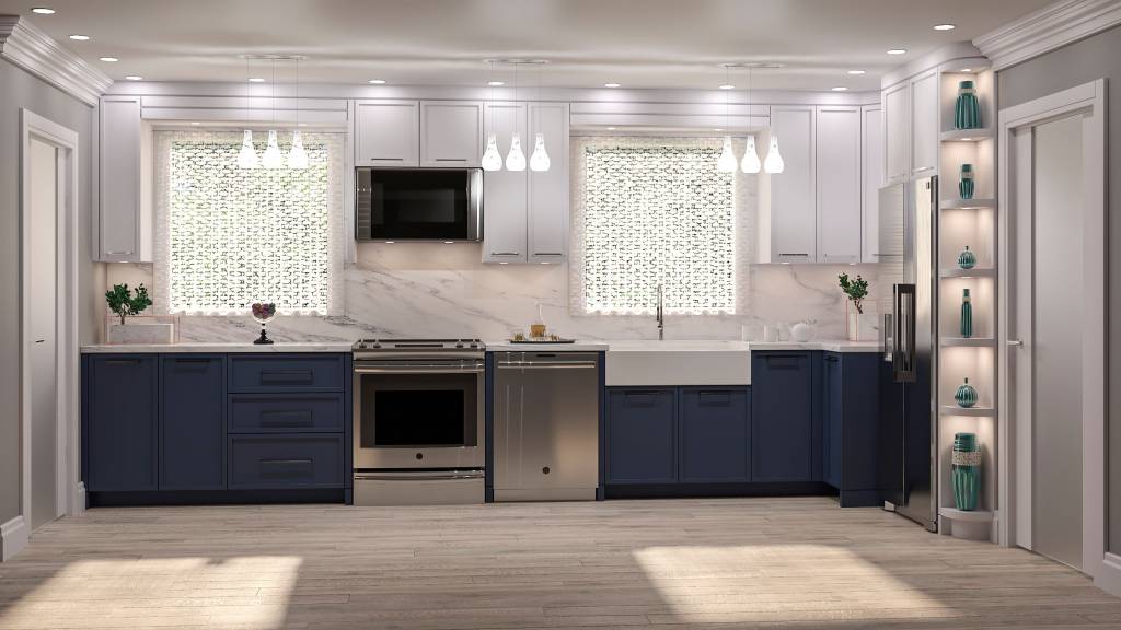 luxury one wall kitchen with two tone blue and white kitchen cabinets - kitchen renovations toronto