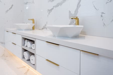 modern bathroom vanities with high gloss custom shelving