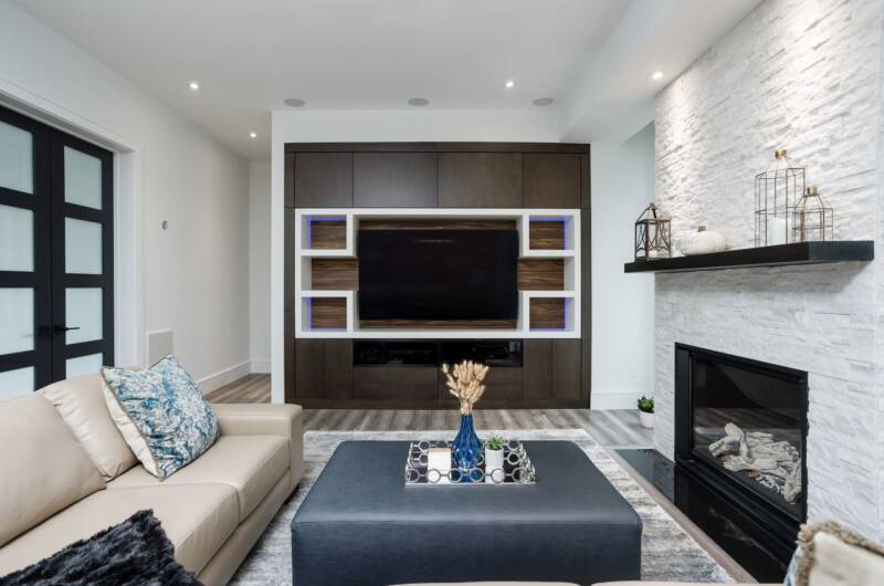 modern tv unit with led lights - floating custom shelves with a fire place