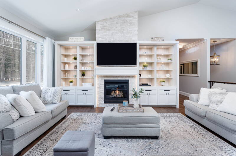 custom built in media unit in toronto with a fire place